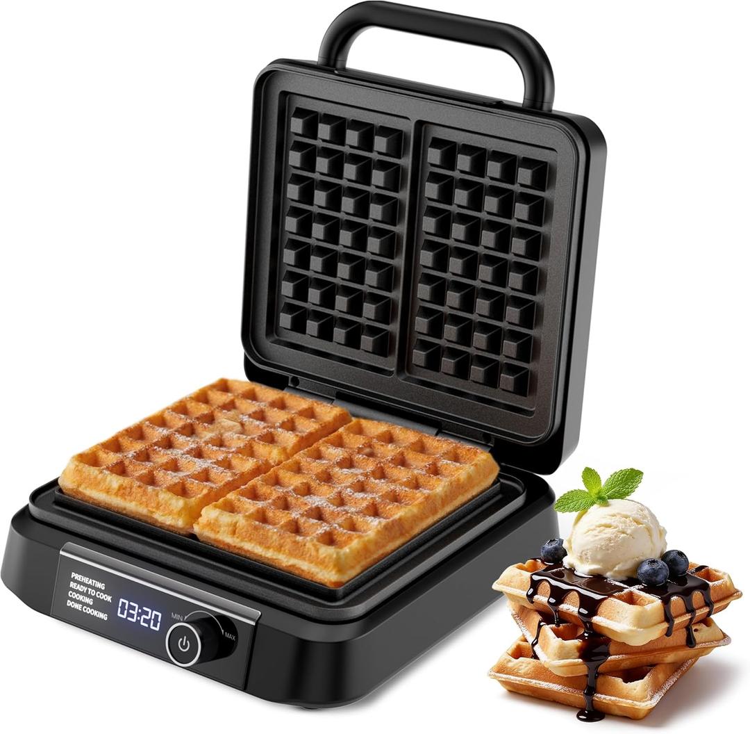 Waffle Maker, 1200W Belgian Waffle Maker, Dual Rectangular Thick Waffle Iron, 7-Level Browning LED Panel, Nonstick Plates, Anti-spill Design, Audible Ready Beep, Easy Cleanup, Stainless Steel (Black)