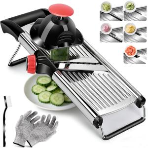 Masthome Adjustable Mandoline Food Slicer, Mandoline Slicer for Kitchen, Stainless Steel Mandolin, Fruit and Vegetable Cutter with Cut-Resistant Gloves and Cleaning Brush-Red