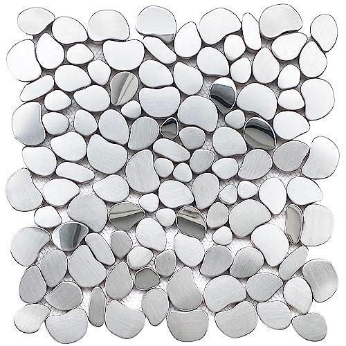 Primoon Metal Pebble Mosaic Tiles, 5 Sheets Stainless Steel Backsplash Tile Mesh Mounted, Silver Metal Tile for Kitchen Bath Backsplash Shower Floor