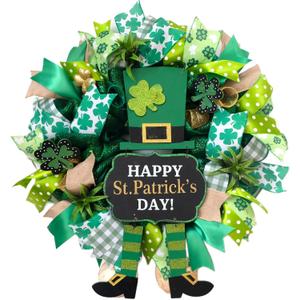 22 Inch St Patrick's Day Wreath for Front Door Green Mesh Wreath with Shamrock Leprechaun, Irish St Patricks Day for Indoor Outdoor Decorations Wall Home Decor(Leprechaun)