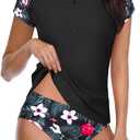 Holipick Two Piece Short Sleeved Rash Guard Cap Sleeve Bathing Suit Zipper Swimsuit Bulid in Bra Swim Shirt Women (Medium, Black Floral)