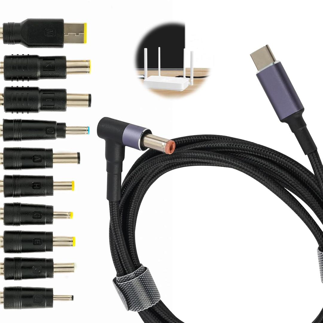 140 W USB C to DC Adapter Power Cable Kit with 10 Pcs Power Plug, PD Fast Charger Replacement Cable Compatible with Dell, HP, Lenovo, Asus, Acer, Samsung, Toshiba Laptop Charging Connector Tips
