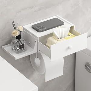 Lifewit Plastic Toilet Paper Holder with Shelf and Drawer, Screw or Adhesive Wall Mount Tissue Roll Storage, Sturdy Bathroom Wipes Dispenser Organizer, White, 1 Pack