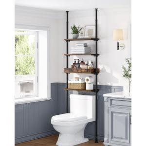 ALLZONE 4-Tier Over The Toilet Storage Shelf, Wood Bathroom Organizer Over Toilet Cabinet with Adjustable Shelf, Versatile Rack Fits Most Tight Space, Easy Assembly, 92" to 116" Height, Rustic Brown