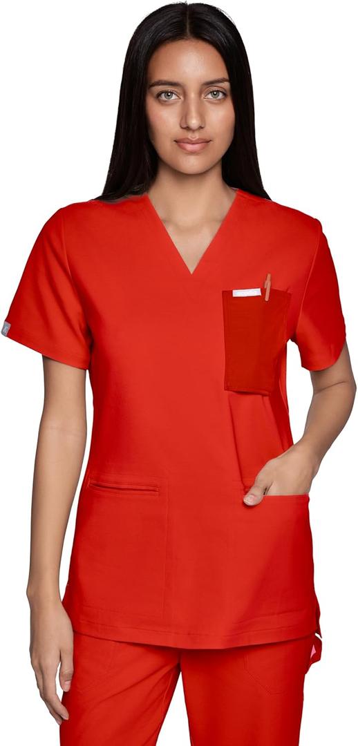 Alice V-Neck Scrub Top for Women – Classic Fit, 3 Pockets, High Performance, Easy Care Women Scrub Top (Yellow, L)