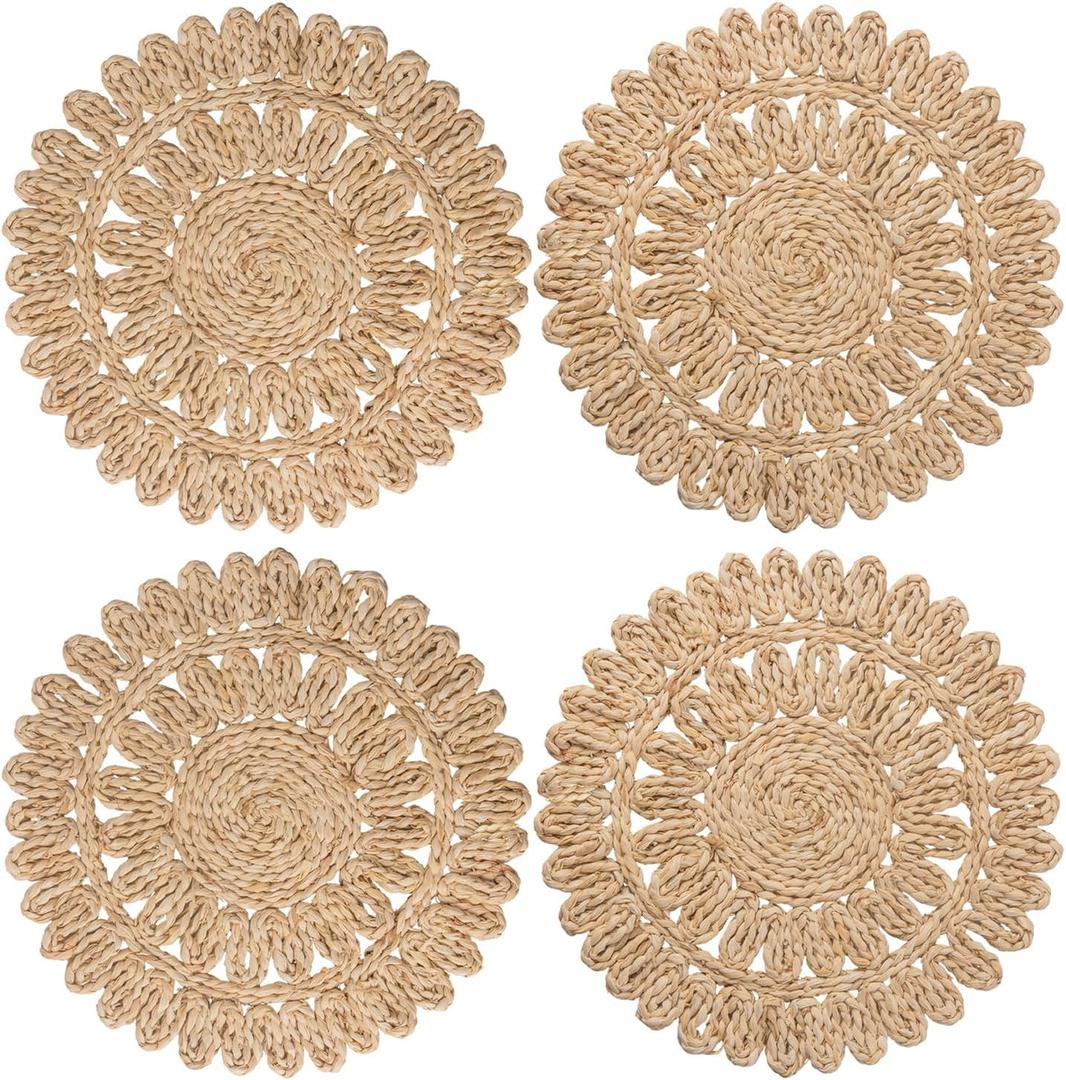 13.8" Round Corn Husk Placemats | Boho Woven Rattan Table Mats | Natural Spring Farmhouse Plate Chargers | Handmade Rustic Wicker Place Mats for Christmas Wedding (Set of 4)