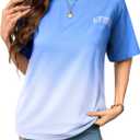 LilyCoco Women's Crew Neck T Shirts Summer Cute Basic Ombre Short Sleeve Tops Blue Large (Blue, L)