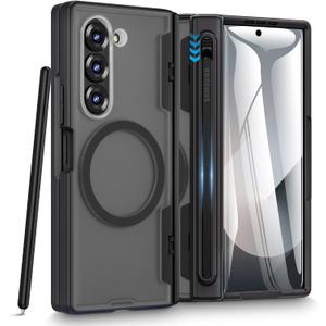 Caka for Samsung Galaxy Z Fold 5 Case [Thinner S Pen Holder Slot] [Magnetic Charging] [Hinge Protection] [Built-in Screen Protector] Translucent Hard Shockproof Magnet Phone Cover for Fold5 - Black