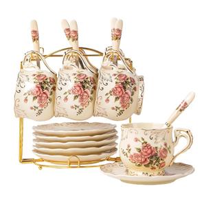 YOLIFE 8 OZ Pink Rose Tea Cups and Saucers Set of 6, Ivory Vintage Floral Porcelain Teacups Set, Coffee Cups with Golden Rack