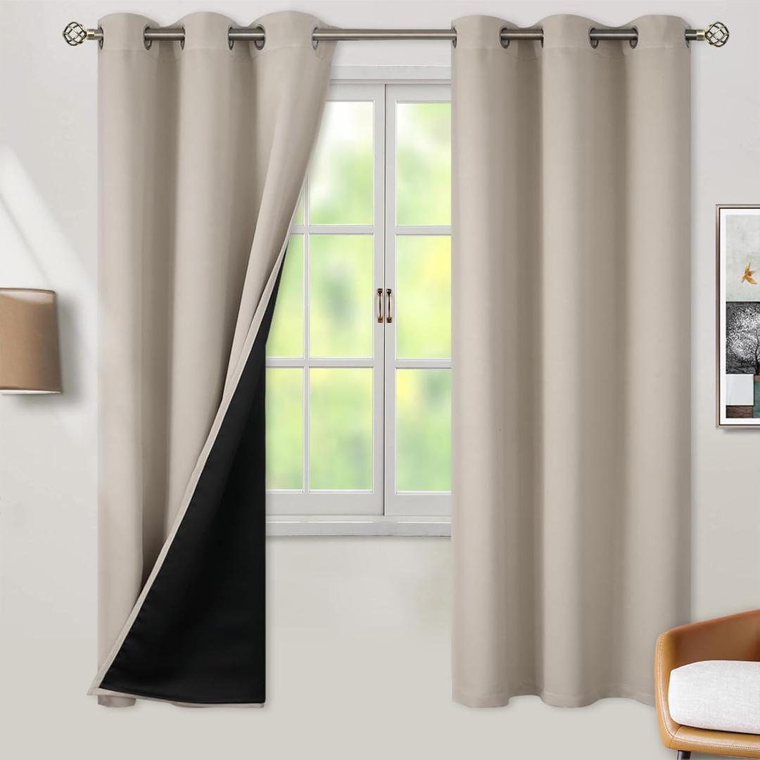 BGment Thermal Insulated 100% Blackout Curtains for Bedroom with Black Liner, Double Layer Full Room Darkening Noise Reducing Grommet Curtain (42 x 72 Inch, Cashmere, 2 Panels)