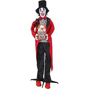 Haunted Hill Farm Standing Clown and Animatronic Talking Skull Clown in a Box for Battery Operated Scary Indoor or Covered Outdoor Halloween Decoration