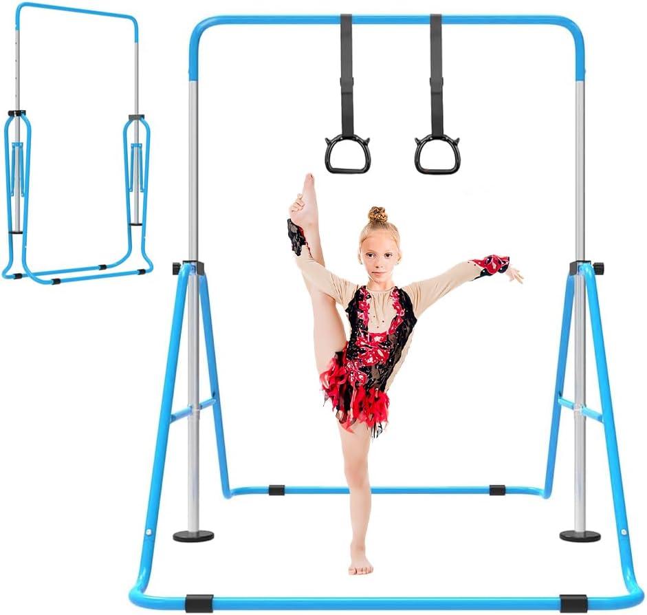 ZUETK Expandable Gymnastics Bar for Kids, Adjustable Height Junior Training Kip Bar, Folding Gymnastic Horizontal Bars Monkey Bar, Home Gym Equipment for Kid Gymnasts, Child, Girl, Boy (Blue)