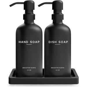 Black Glass Hand and Dish Soap Dispenser Set by Brighter Barns - Kitchen Soap Dispenser Set with Tray for Home, Airbnb, Vacation Rental, Gift - Minimalist Home Decor, Modern Kitchen Decor (Black)