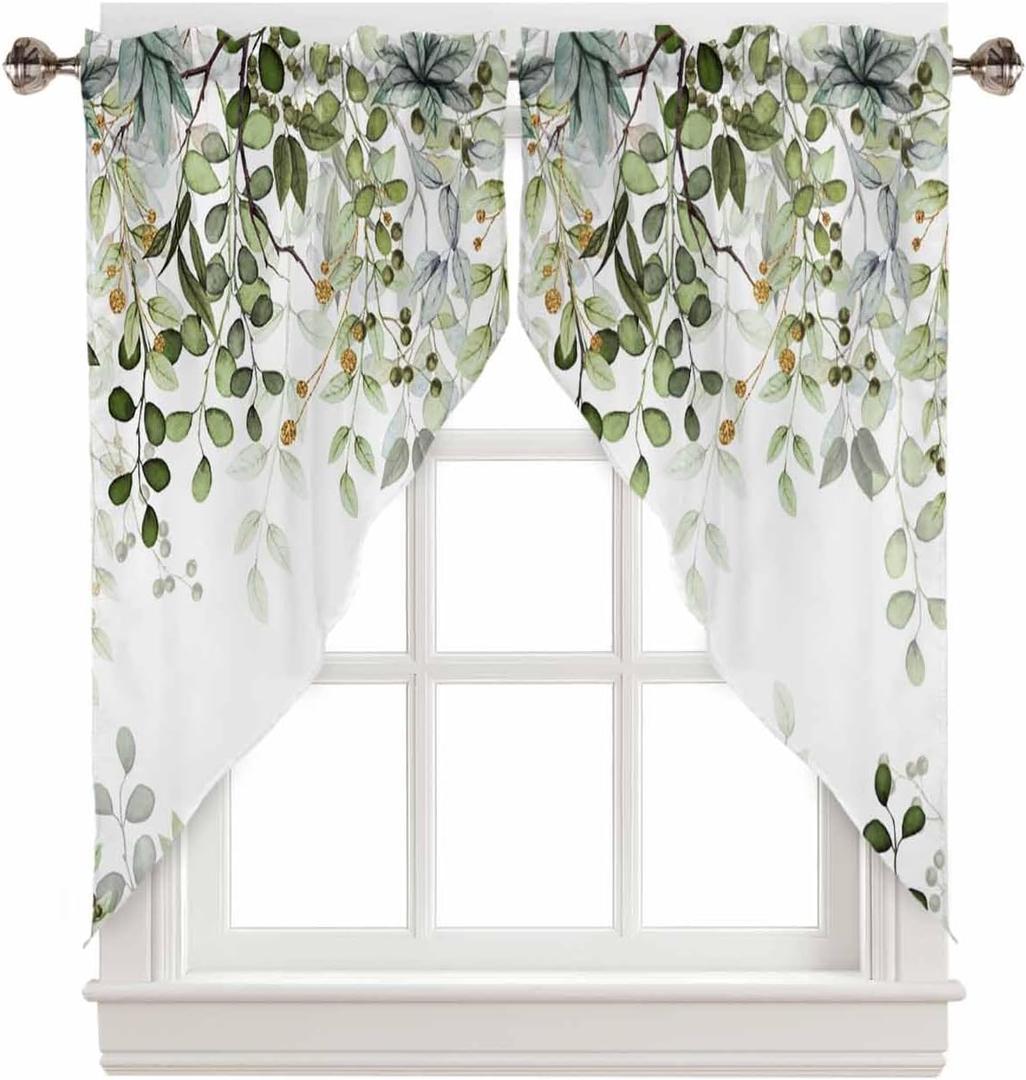 Sage Green Eucalyptus Swag Curtain Valance for Windows,Watercolor Leaves Window Treatments Short Swag Topper for Kitchen Windows Bathroom Bedroom,28 x 36 Inch