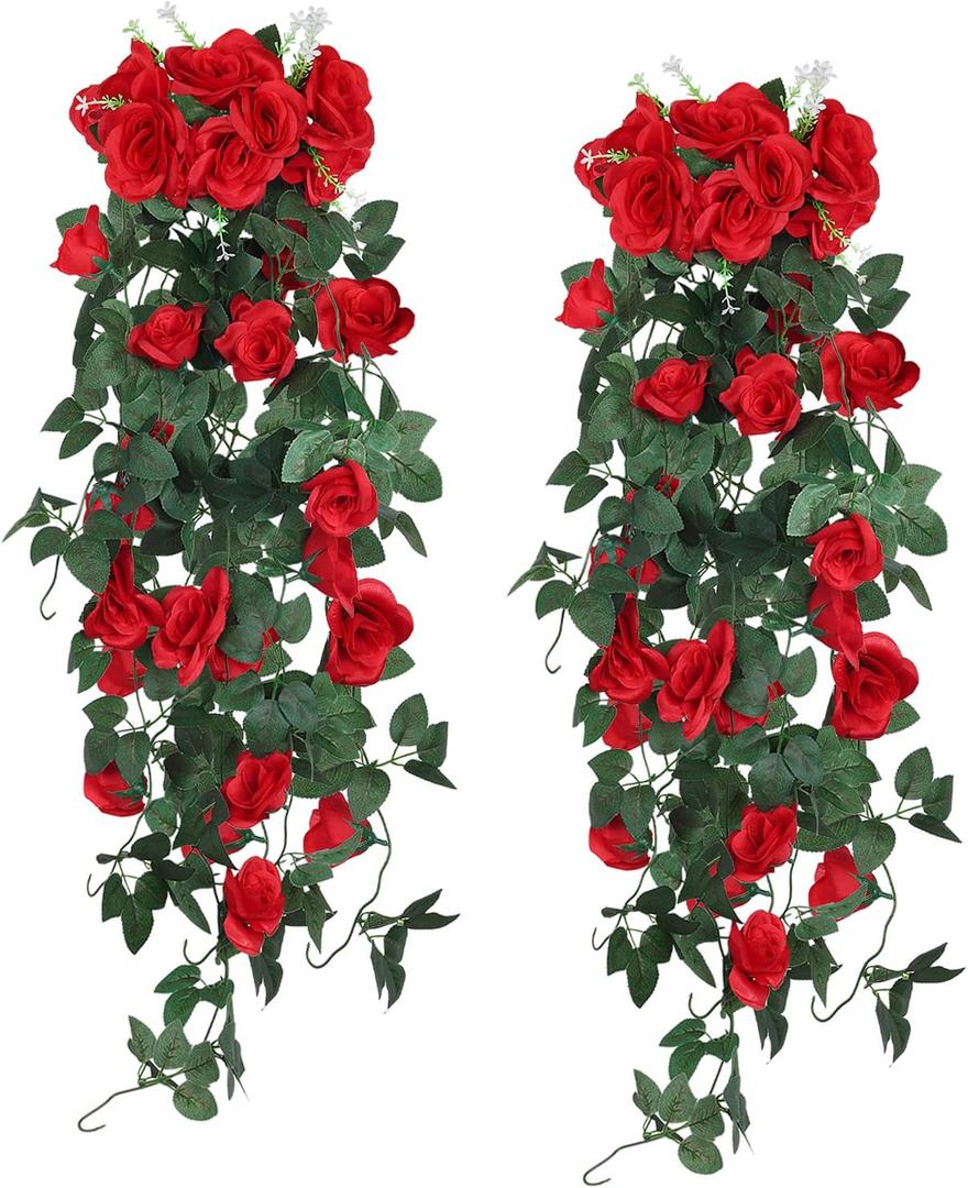 RECUTMS Artificial Red Roses Fake Hanging Flowers Plants, 2PCS 3.3Ft Silk Floral Ivy Garland for Indoor Outdoors Home Garden Front Door Porch Wedding Derby Party Arch Valentines Greenery Decor