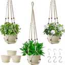 Macrame Plant Hanger with Pot, 3 Set Hanging Planters for Indoor Plants, Handmade Cotton Rope Boho Home Decor, Idea Gift for Anyone, Includes Plant Holders, Pots, Plates and Hooks (Ivory)