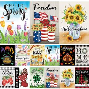 Pating Seasonal Garden Flags Set of 12 Double Sided 12 x 18 Inch, Small Yard Flags for Outside, Christmas Halloween Easter Valentine's Day Outdoor Decor, Holiday Garden Decorations for All Seasons
