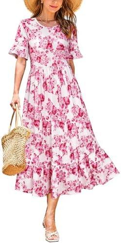 STYLEWORD Women's Summer 2025 Casual Short Sleeve Tiered Flowy Spring Dress Long Midi Beach Sundress Vacation Outfits M