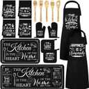 Bencailor 17 Pcs Black and White Kitchen Sets Washable and Non-slip Kitchen Rug and Mat Black Mitts and Pot Holders Classic Theme Apron Dish Towels Wooden Spoons for Home Decoration Housewarming Gifts