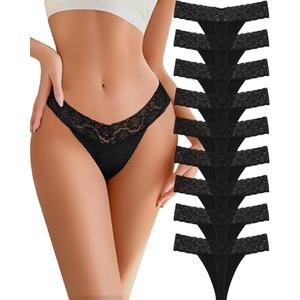 READY TO LOVE Cotton Lace Thongs for Women Sexy Breathable Womens Underwear Low Rise T-Back Soft Stretchy Ladies Panties S Black