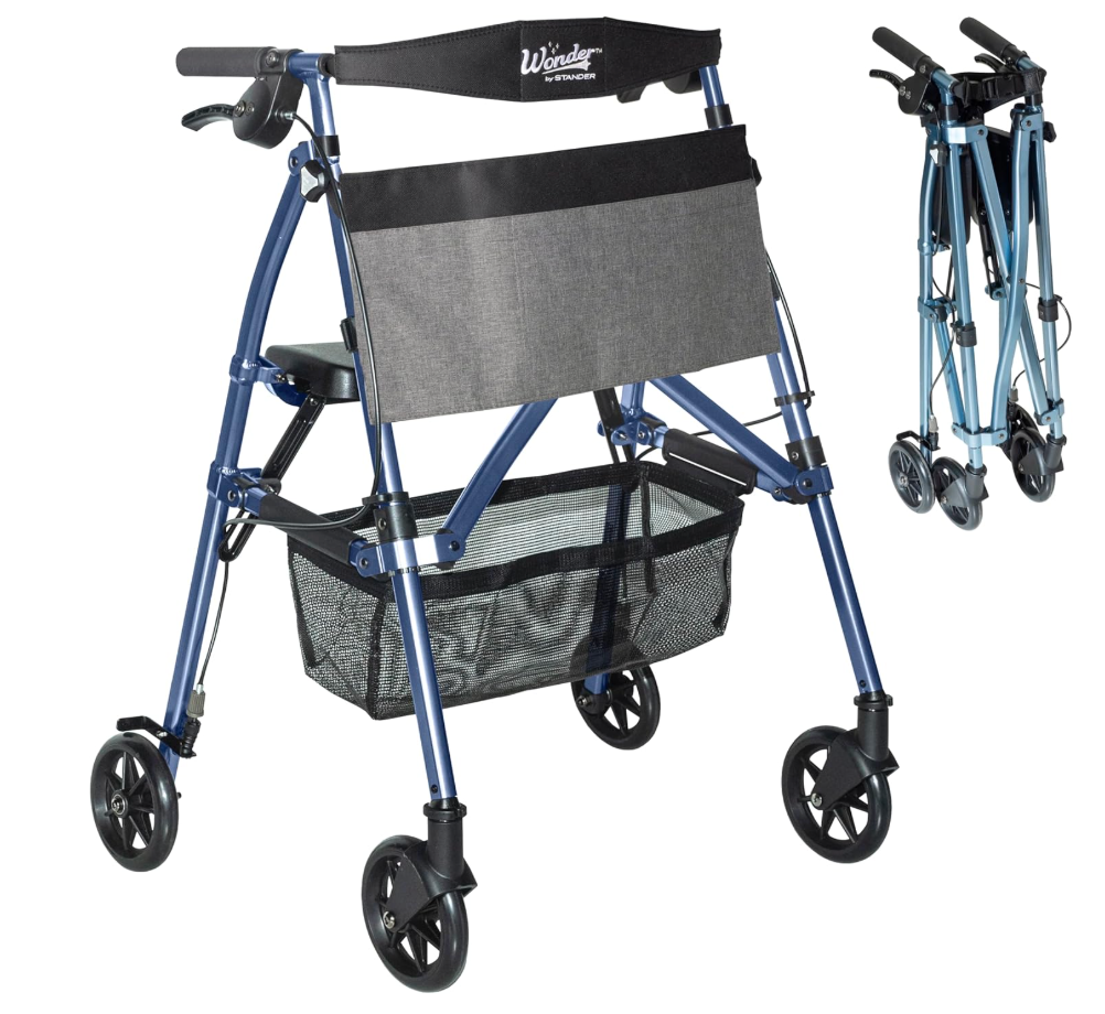 Stander Wonder Rollator Plus, Lightweight Folding Mobility Rolling-Walker, EZ Fold-N-Go-Rollator for Seniors and Adults, 6-inch Wheels, Locking Brakes and Padded Seat with Backrest, Cobalt Blue