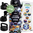 LET'S WANDER National Parks Water Bottle with 3 Lids & 63 Waterproof Stickers - 32oz Leakproof Insulated Stainless Steel with Straw - USA Hiker Gift Bottle (Black)