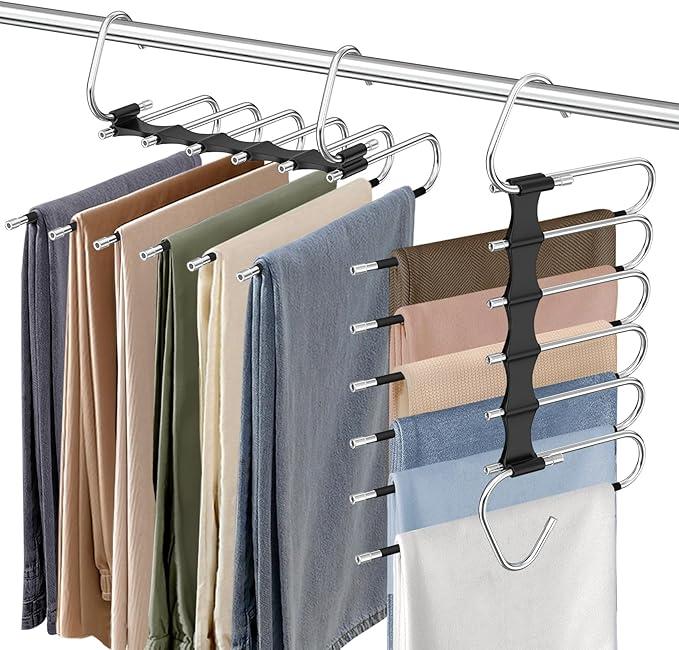 Upgrade 6 Layers Pants Hangers Space Saving, 2Pack Stainless Steel Multifunctional Rack Non Slip S-Type Clothes Jean Hanger Closet Organizer for Jeans Leggings Trousers Skirts Scarf, Black
