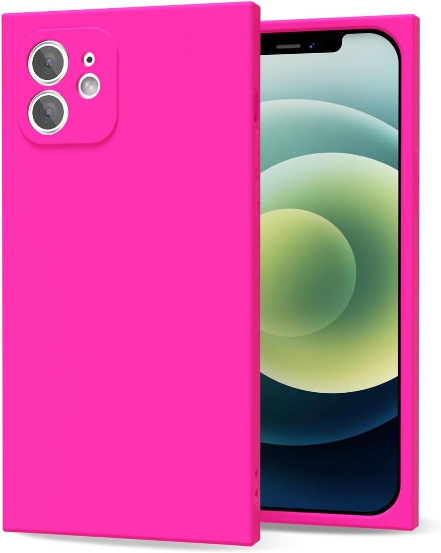 oakxco for iPhone 12 Case Silicone Rectangle Edge Corner, Y2k Soft Rubber Gel Cute Phone Case for Women, Girly Aesthetic Trendy Unique Design with Camera Cover, Neon Hot Pink