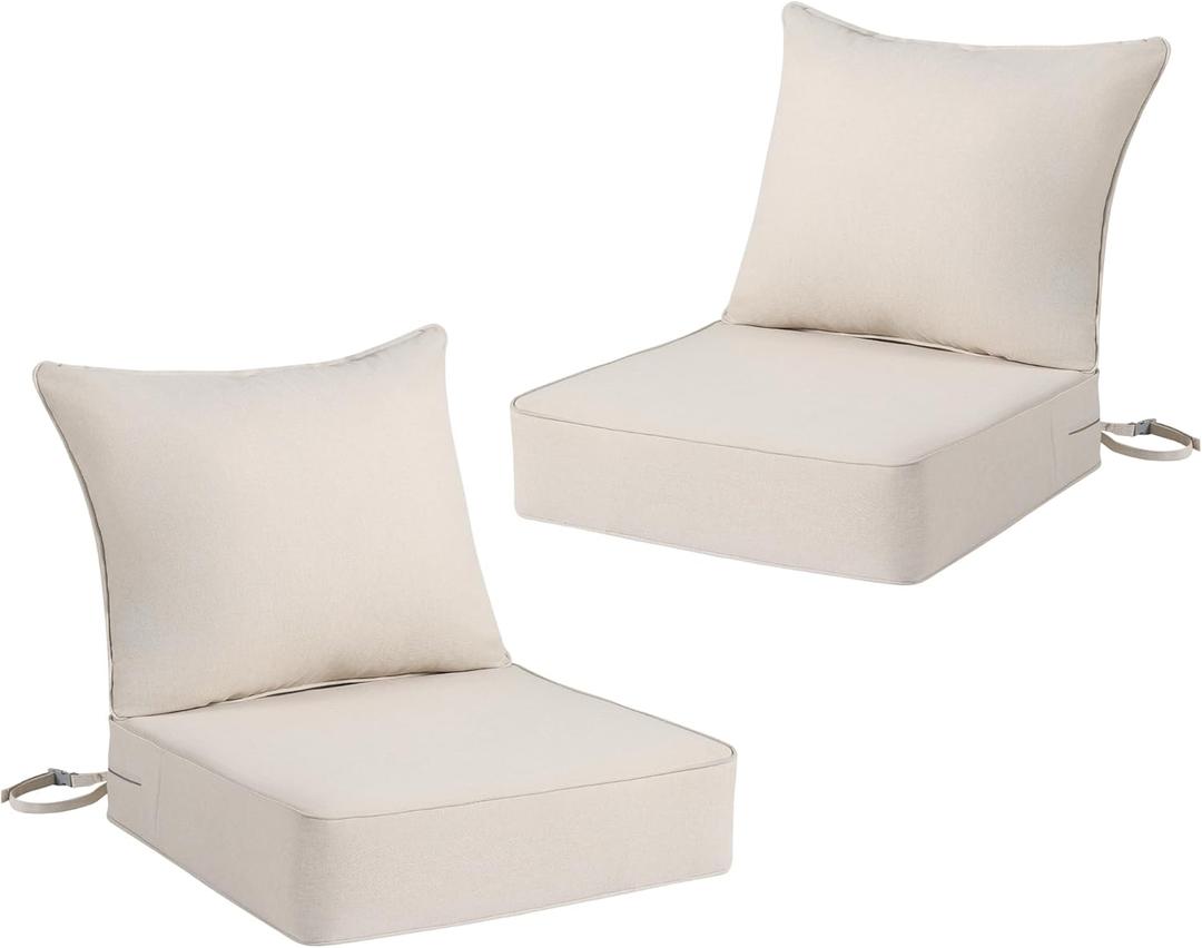 Outdoor Chair Cushion Set for Patio Furniture, 24 x 24 x 6 Extra Thick Deep Seat Patio Cushions, Olefin Back and Seat Cushion Replacement, Removable Cover, Ties and Handle, Beige