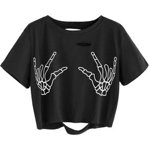 Avanova Women Skull Finger Graphic Distressed Tee Shirt Ripped Short Sleeve Crop Tops (3X-Large)