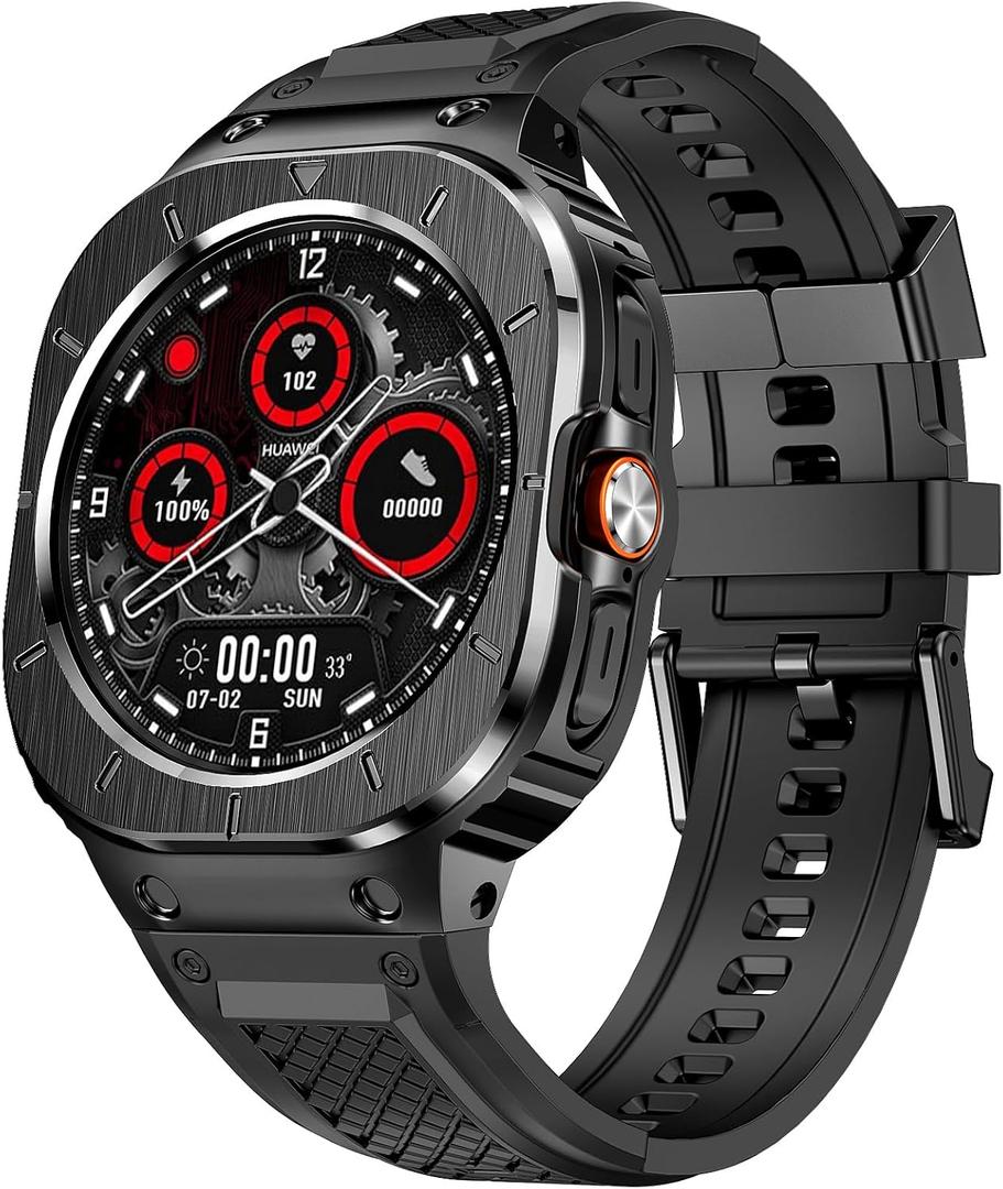 Silicone Band with Stainless Steel Case Cover Compatible with Samsung Galaxy Watch 8 Ultra 47mm (2025) / Samsung Galaxy Watch Ultra 7 47mm Bands (2024) Protective Case Cover for Men (Black)