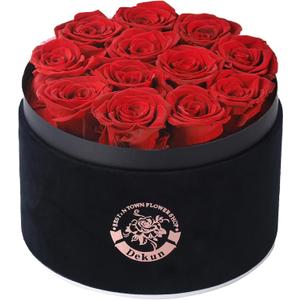 Dekun12 Pieces Forever Flowers Gift Box - Preserved Roses Eternal Roses that Last 1-3 Years Preserved Flowers for Her Valentine's Day Christmas (12 Roses) (Black Box & Red Roses)
