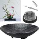 Japanese Ikebana Kit Floral Frog Flower Container with Kenzans Needle Straightening Tool - 1.8inch Black Flower Frog, 6.7inch Bowl Vase