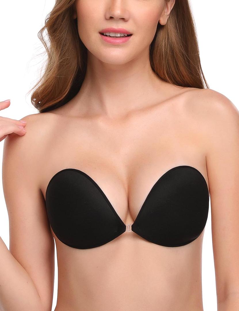 Wingslove Adhesive Bra Reusable Strapless Self Silicone Push-up Invisible Sticky Bras for Backless Dress (Black)