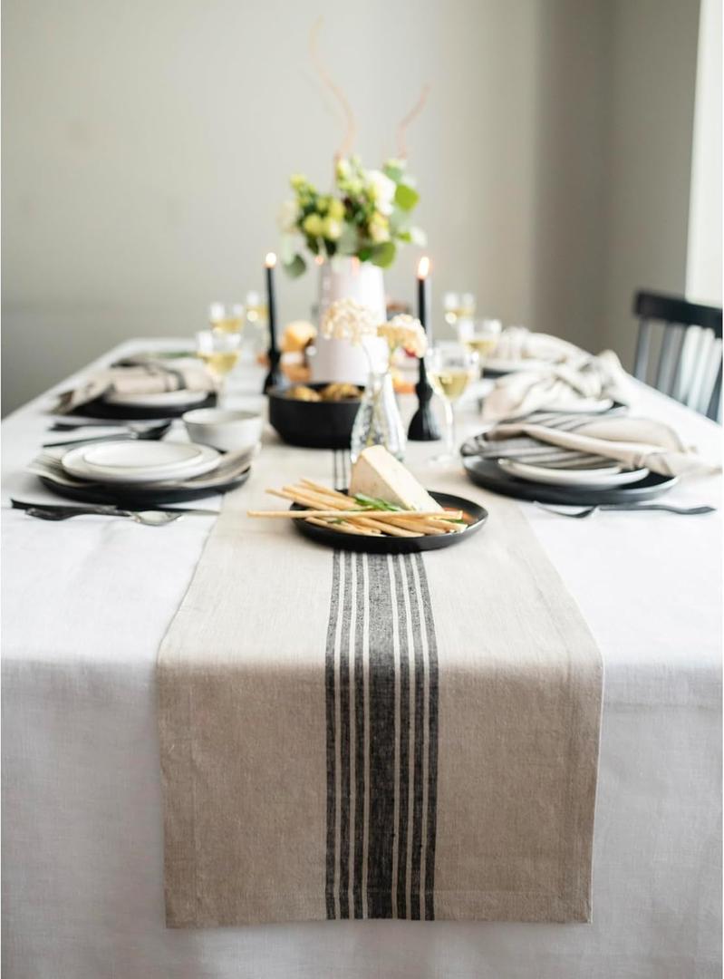 Solino Home Stripe Linen Table Runner 72 Inches Long - 100% Pure Linen Black and Natural Farmhouse Table Runner 14 x 72 Inch for Dining, Dresser, Spring, Summer