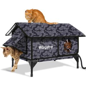 Gable Heated Cat House for Outside Cats in Winter, 100% Waterproof, Escape Door, Elevated, Insulated Outdoor Cat House Shelter with Heater for Feral Cat (Camo Black, 24"x16"x19")