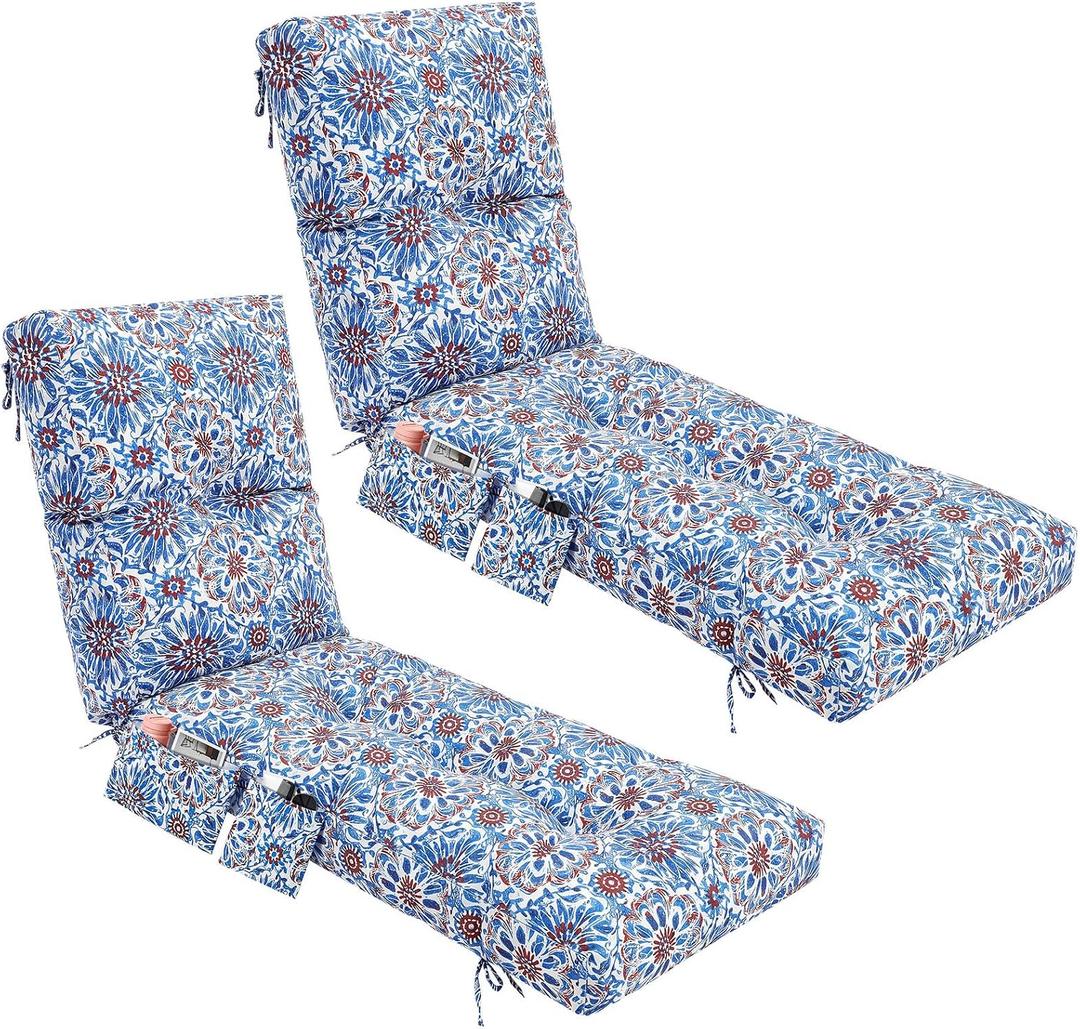 Kigley Outdoor 2 Pcs Chaise Lounge Cushions with Side Pocket 76x22x6 Thick Tufted Waterproof Patio Pool Lounge Chair Replacement Cushion Navy Blue Retro Fade Resistant for Furniture Lawn, Patterned
