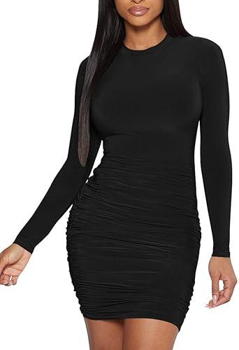 Mokoru Women's Sexy Basic Elegant Long Sleeve Ruched Bodycon Club Party Mini Dress (Medium, Black)