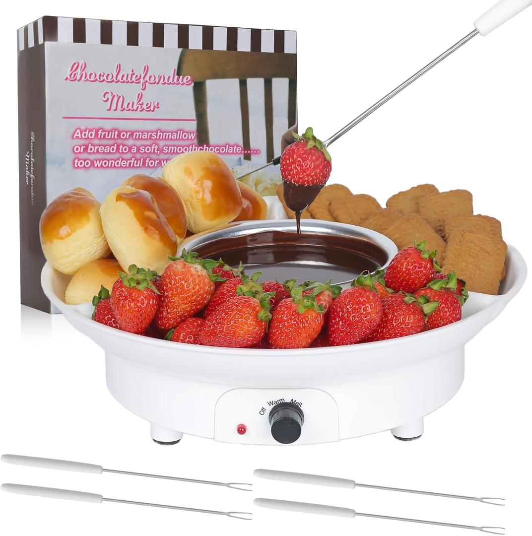 Electric Fondue Set with 4 Forks Butter Warmer Set, Chocolate Fondue Kit Melting Pot for Cheese, Chocolate and Tapas, 1 Fondue Bowl and 1 Serving Tray with 3 Section