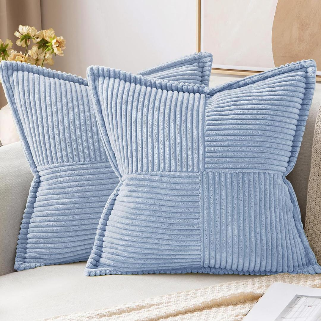 MIULEE Decorative Throw Pillow Covers for Couch Bed Livingroom 18x18 Inch Set of 2 Light Blue Boho Accent Throw Pllows Broadside Striped Patchwork Soft Corduroy Pillowcases