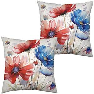 Watercolor Flower Outdoor Throw Pillow Covers 18x18 Set of 2 Red Blue Floral Pillow Covers Daisy Linen Square Farmhouse Pillowcase for Home Decor Couch Patio