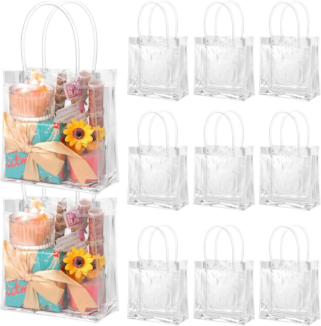 BESARME 60 Pack Clear Gift Bags with Handle, 6.3" x 5.9" x 2.8" Clear Bag Bulk Small Reusable Plastic Bag Gift Wrap Tote Bags for Mother's Day Wedding Baby Shower Birthday Party Favors