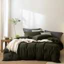 Pinstripe Duvet Cover King Size 104''W x 90'' L, 100% Washed Cotton Olive Green and Black Striped Duvet Cover with 8 Ties and Zipper Closure Plus 2 Pillowcases, Oeko TEX Standard Certificated