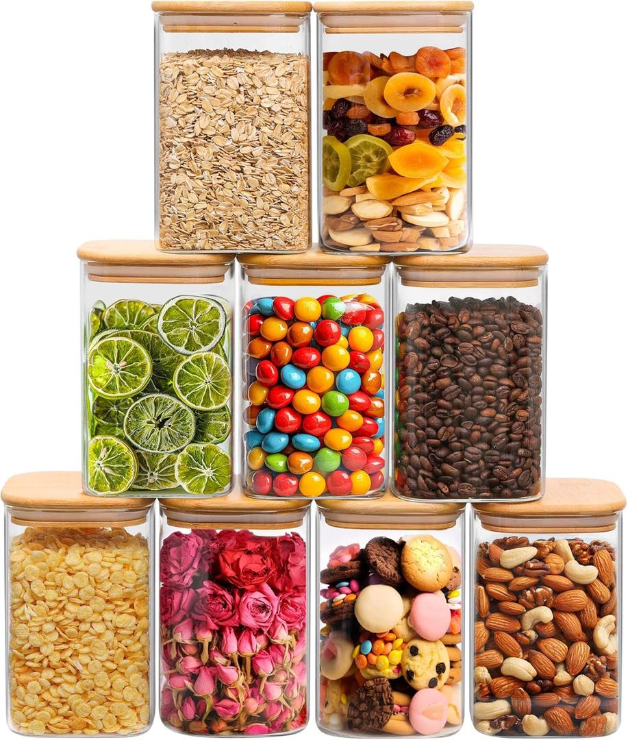 ComSaf 37oz Glass Storage Containers with Lids, Glass Jars with Lids, Clear Food Storage Jar, Square Glass Canister Set of 9, Pantry Organizers and Storage for Cookie Flour Oat Pasta Tea Coffee Bean