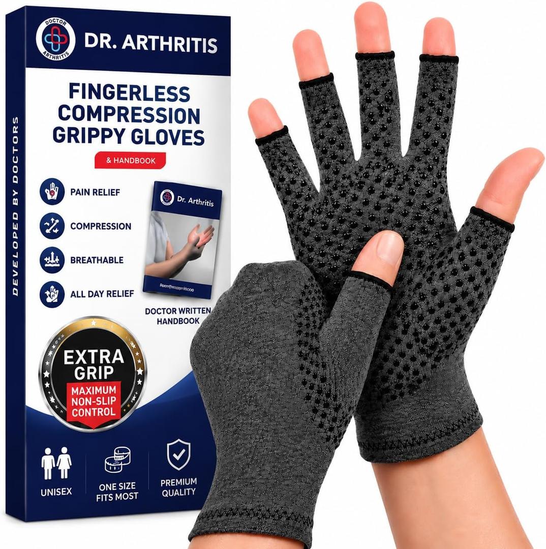 Doctor Developed Original Arthritis Compression Gloves for Women & Men - Fingerless Brace for Arthritis & Carpal Tunnel Support - Doctor-Developed - 1 Pair - Extra Grippy - Medium