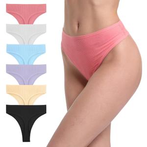 6 Pack Women's Ribbed Cotton Thongs High Waist Seamless Panties Plus Size High Rise No Show Underwear (Medium)