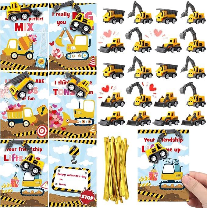 Libima 30 Set Valentine's Day Construction Vehicle Truck with Greeting Cards, 3D Construction Vehicle Toys and Happy Valentines Cards Classroom Exchange Gifts Prizes Party Favor for Kids