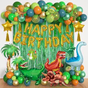Dinosaur Birthday Party Decorations Supplies, 125Pcs Dinosaur Green Orange Blue Balloons Garland Arch Kit Happy Birthday Dino Foil Balloon Curtain for Kids Boys Dino Jungle Safari Baby Shower Party
