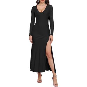 BWQ Women's 2025 Fall Long Sleeve Mesh Sheer Dress Bodycon Split Cocktail Wedding Guest Maxi Dresses (M)