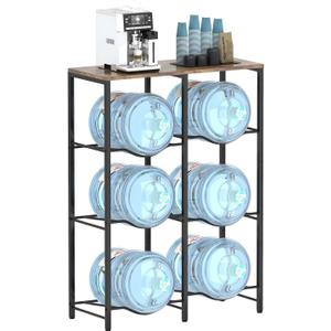 5 Gallon Water Jug Holder, Water Jug Stand with Storage Rack, 3-Tiers Water Dispenser Stand, Water Bottle Stand for Kitchen, Office, Living Room, Brown